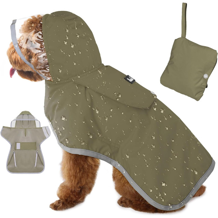 Легкий водонепроникний дощовик для собак з капюшоном, XS-XXL, з регулюванням та світловідбиваючими смугами, з кишенею