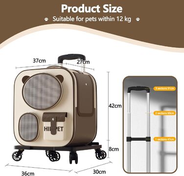 Рюкзак для тварин Galatée з колесами, зручний рюкзак для котів з знімними колесами, переноска для тварин на колесах, рюкзак для собак, ідеальний для подорожей/походів/відпочинку на природі (колір: коричневий)