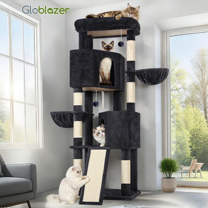 Комплекс для котів Globlazer Kratzbaum XL (177 см) темно-сірий: будиночок, кігтеточка-рампа, платформа, 2 кошики, стійкий для великих котів