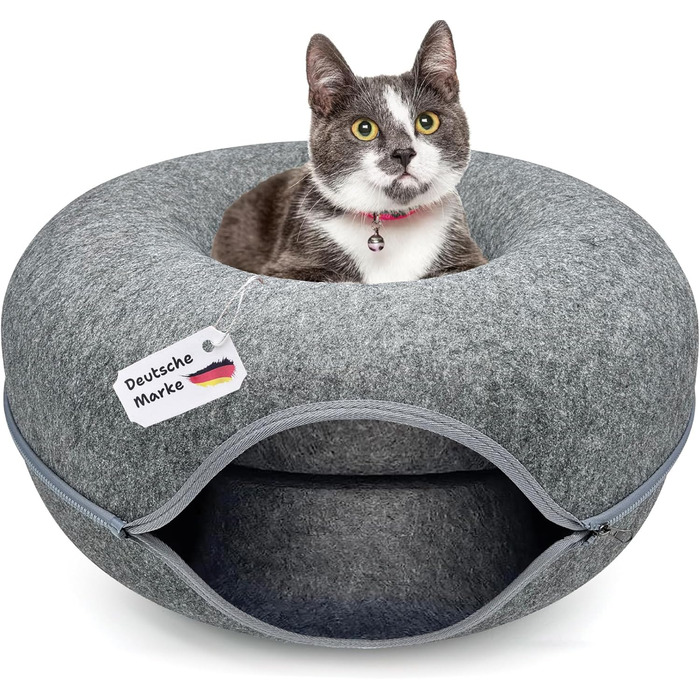 Котячий тунель з фетру, кругле ліжко 50x50x24 см, антрацит, ігрова котяча хатка-донат