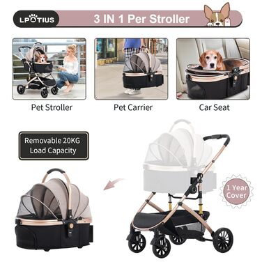 3 в 1 Візок для собак з знімним сидінням, будіжок, переноска, складаний, для домашніх тварин, візок для дітей до 25 кг, Рожевий, Шампань