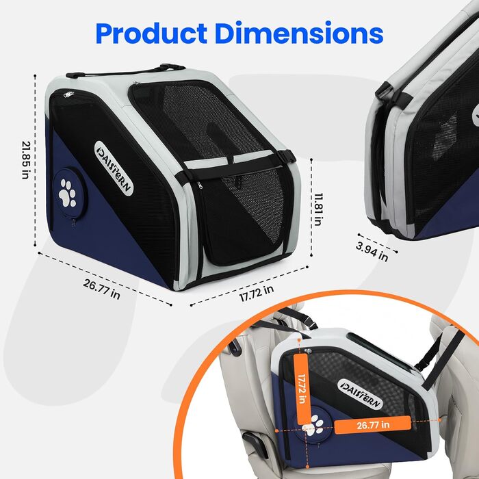 Складана переноска для собак у машину та в подорожі, портативна сумка-переноска для маленьких та середніх собак, швидке складання за 1 хвилину, міцна металева рама, дихаючі сітчасті вікна та зручний доступ (Блакитна)