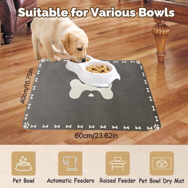 Килимок для годування собак і котів, 60 x 40 см, вбираючий, неслизький, великий, для мисок, легко миється, швидко сохне, темно-сірий