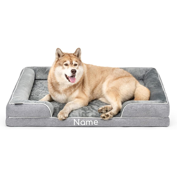 Ортопедичне ліжко для собак Lionto з піднятим бортиком, 89x63x17 см, м'яке крісло для собак з фланнелю, знімний та пральний чохол, неслизьке, для маленьких та великих собак та котів, сіре (з нанесенням імені)