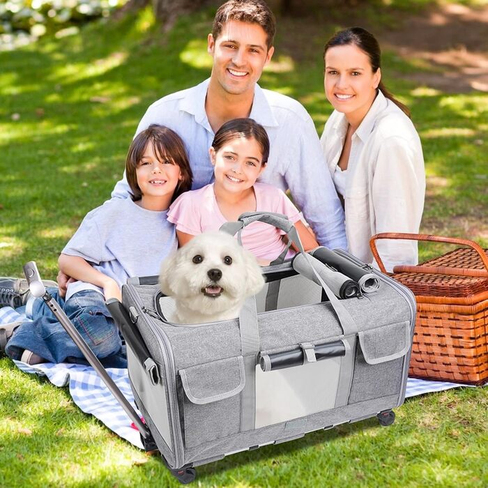 Транспортна сумка для котів PETCUTE з колесами, дихаюча переноска для 2 котів, складана переноска для собак з телескопічною ручкою, знімний килимок, ідеальна для подорожей (Сіра)