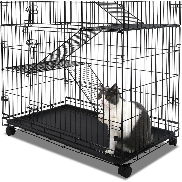 Складаний вольєр для котів та тхорів Homey PET INC з колесами, замком, полицею та гамаком, 76,2 см, чорний