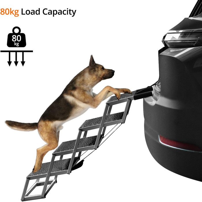 Сходинка для собак QWORK® 4-ступенева складана, антиковзка, для автомобіля - регульована висота 64 см, до 80 кг
