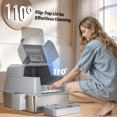 XXL Лоток для котів зі сталі з кришкою, 110° поворотна кришка, закритий лоток для котів, великий об'єм 40л з совочком та педальним механізмом, без запаху, захист від протікання та легке очищення, 60х42х44 см