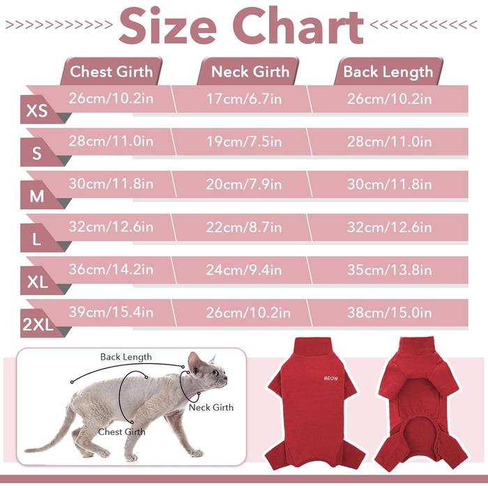 Піжама для котів після операції, боді для відновлення після операції, анти-слинящий, з довгим рукавом, 4 ноги (червоний, M)