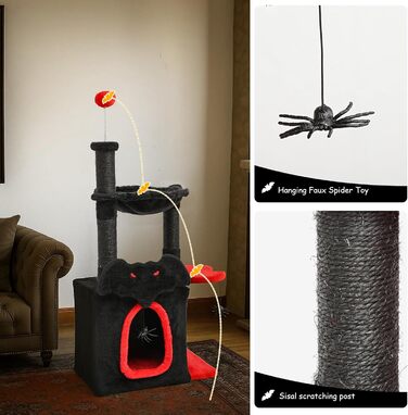 BYBYME Готичний кігтеточка для Хелловіну, 84.5 см, стійкий комплекс для котів з ліжком, будиночком, гамаком, кігтеточками з сизалю, багатофункціональна котяча іграшка (Чорний/Червоний), підлоговий, 96.5 см