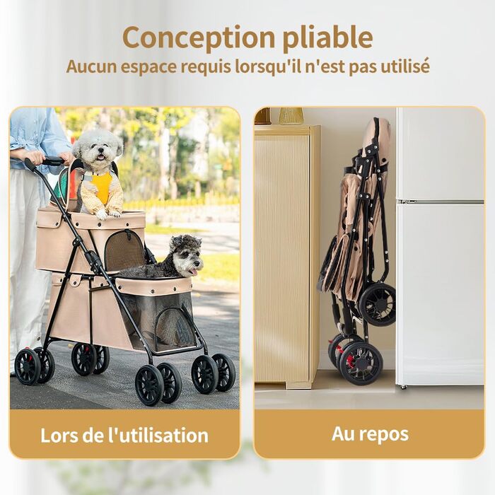 Дитяча візок для тварин Homewell з 2 ярусами, складний, для собак та котів, знімний кошик, тримач для напоїв, безпечний поводок, вантажопідйомність 25 кг (Хакі)