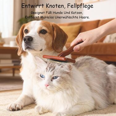 Професійна щітка для собак та котів 2 шт. + гребінець від бліх, дерев'яна, для довгої та короткої шерсті, видаляє ковтуни, для здоров'я шкіри, ергономічна (середня + дрібна зубці)