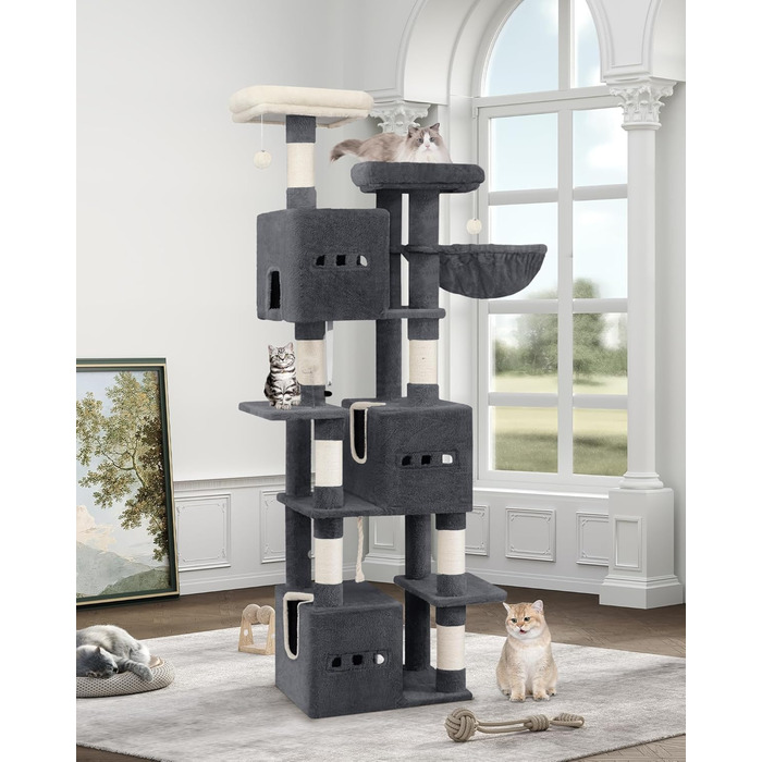 Великий котячий будиночок-кліматизатор, 193 см, XXL, з 7 стовпчиками для шліфування, 3 будиночками, 2 платформами, 2 плюшевими кульками, корзиною, мотузкою для лазіння, багатоповерховий, MS19218LG (темно-сірий)