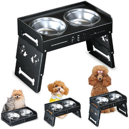 Підвищений годівниця для собак з 3 рівнями – 2 великі миски з нержавіючої сталі для собак маленьких, середніх та великих порід (Чорний матовий)
