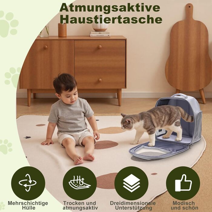 Рюкзак для кота/собаки до 7 кг, дихаючий, з сіткою та страхувальним ремінцем – водовідштовхувальне оксфордське полотно, складаний, для подорожей, ветеринара (сірий)