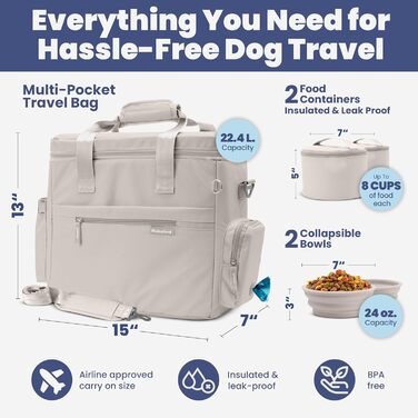Rubyloo Оригінальна сумка для собак Doggy Bag™ - дорожня сумка для собак, подарунок для власників собак. Комплект з 2 годівниць та 2 контейнерів для їжі. Набір для подорожей з домашніми тваринами (авто, кемпінг)