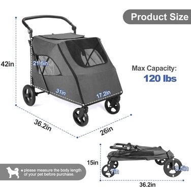 Візок для собак великих порід, подвійна ємність, візок-кі коляска для собак та дітей, складаний, 4 колеса (P04CX-Dunkelgrau)