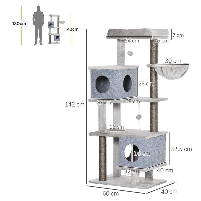 PawHut Cat Tree 142 см Котяче дерево з печерами та платформами, Сизалева колона, іграшка, захист від нахилу, сірий для активних котів