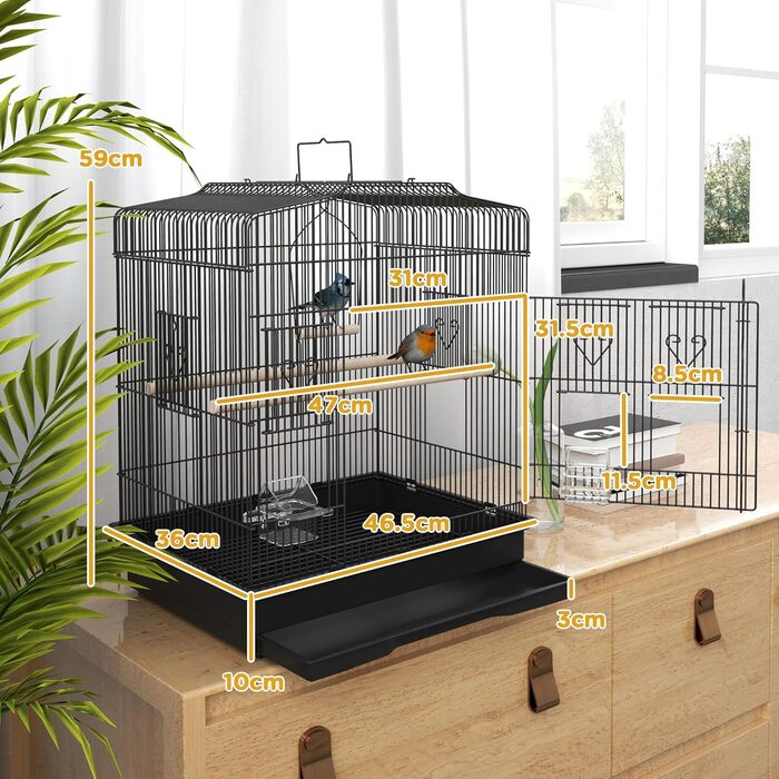 Клітка для птахів PawHut з жердинами, годівницями, гойдалкою, для хвилястих папужок, канареек, дрібних птахів, 46,5 x 36 x 59 см, чорна
