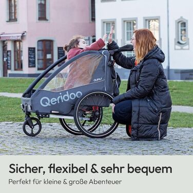 Причіп для велосипеда Qeridoo QUPA 1 з листковою підвіскою, складною кабіною, розширюваним сидінням, візок-причіп, регульована ручка, 5-точкова система ременів безпеки, для 1 дитини (Сірий)