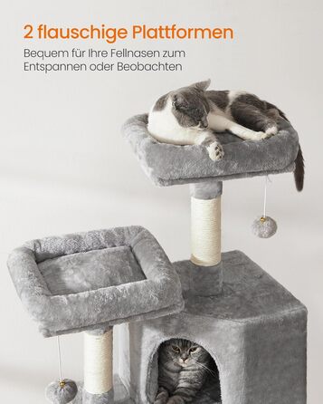 Дерево для котів FEANDREA Kratzbaum, 115 см, сірий, з платформою та когтеточкою, з м'якого плюшу, повністю обмотане сизалем, PCT141W01