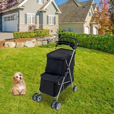 Двоярусний візок для домашніх тварин для собак та котів середніх та маленьких порід - Легкий візок-переноска для прогулянок, подорожей та відпочинку на природі, до 20 кг (Чорний)