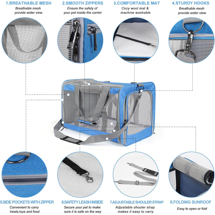 Транспортна сумка для великих котів (до 9 кг), складана переноска для котів або 2 кошенят, м'які стінки, переноска для цуценят зі стабільним ременем, блакитна