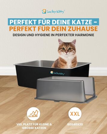 Котлочистка Lucky-Kitty Edelstahl 60x40x20 см з кришкою | XXL, не пропускає запахи, чорна | Котлочистка для котів, не витікає