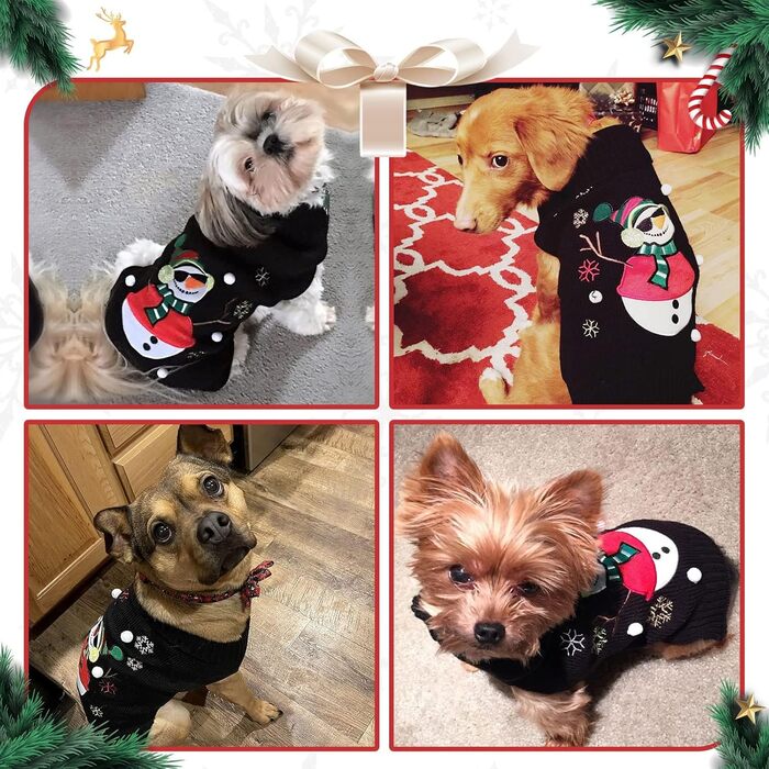 Стильний новорічний светр для собак з оленем та котиком, теплий та м'який, для осені та зими, новорічний одяг для цуценят та маленьких собак, чорний сніговик