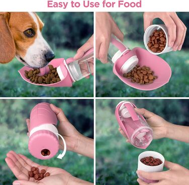 Водяна пляшка для собак Uppetly з контейнером для корму та дозатором води, витокозахисна, BPA-free, портативна, складана, для прогулянок, рожева
