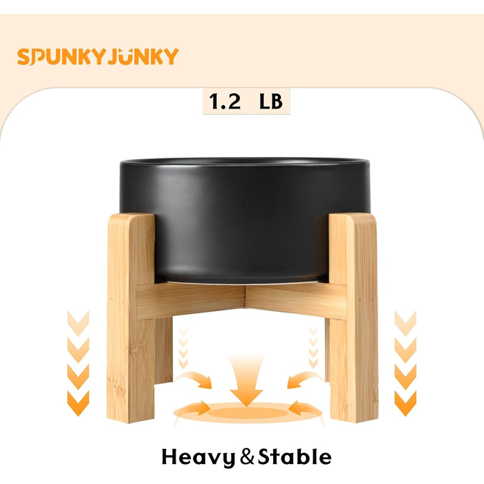 SPUNKYJUNKY Керамічні миски для їжі та води для собак, 2 шт., підняті, з нековзною дерев'яною підставкою, для малих порід, чорні, 383 мл