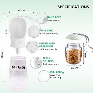 Водяна пляшка для собак на 550 мл з контейнером для корму 100г - вилкаюча, велика, для собак та цуценят, біла