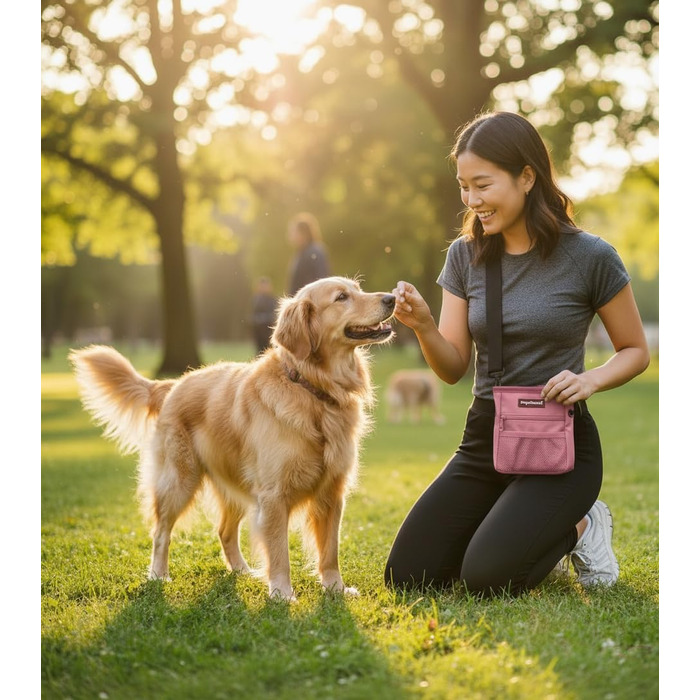 Сумка для ласощів для собак Leckerlibeutel – рожева, з магнітною застібкою та дозатором кульок, 3 відділення
