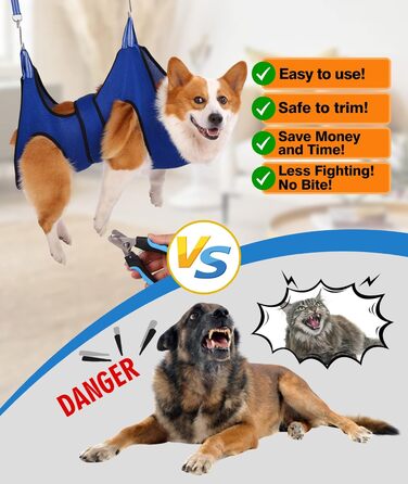 Гамак для грумінгу собак Kkiimatt, обладнання для догляду за тваринами, для середніх та великих собак/котів, набір для стрижки нігтів (кліпер + пилка), широка стрічка, мішок для відходів, блакитний