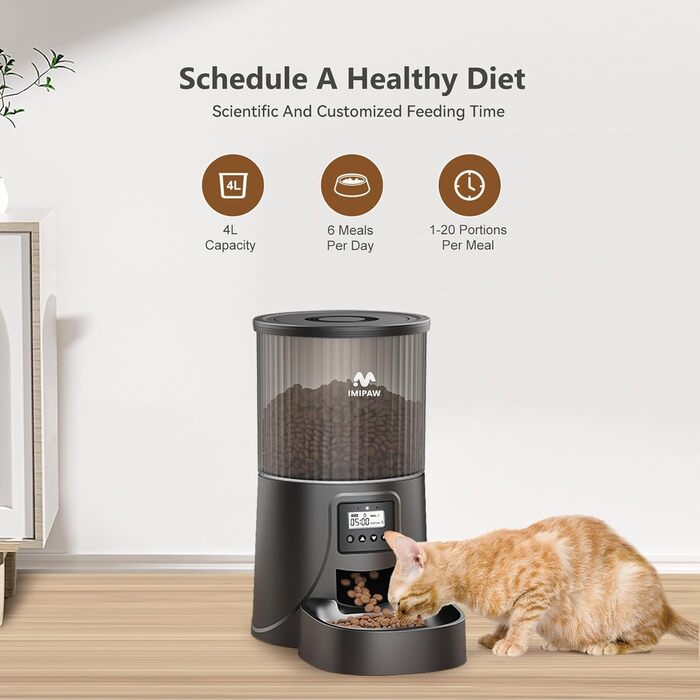 IMIPAW Автоматична годівниця для котів і собак, програмована, 4 л, з таймером, для сухого корму, з осушувачем