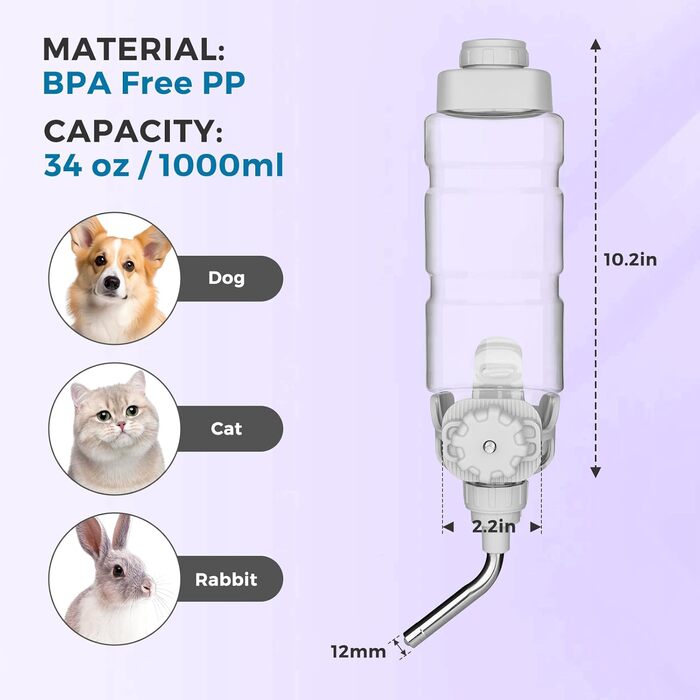 Автоматична поїлка для собак і кроликів Vannon, антипроливна, для клітки, BPA-free, верхнє наповнення, діаметр 12 мм