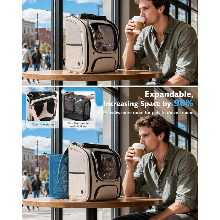 Пекют Рюкзак-переноска для кота з віконцем-бульбашкою, великий (32x26x42 см, хакі)