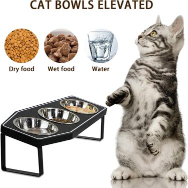 Підвищені миски для котів OPELETNNT, набір 3 шт. з бамбуковим підносом, нержавіюча сталь, антиковзкий стійкий, для дому