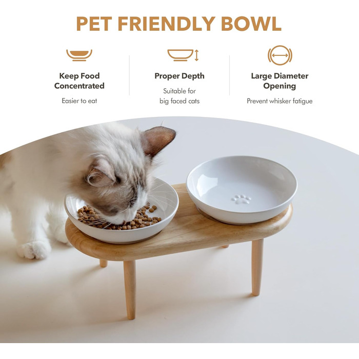 Миска для котів Havniva з піднятою керамічною платформою, широка для вусів, неслизька годівниця та поїлка з 2 підставками, регульований набір мисок (2 миски + підставка, Vintage Latte)