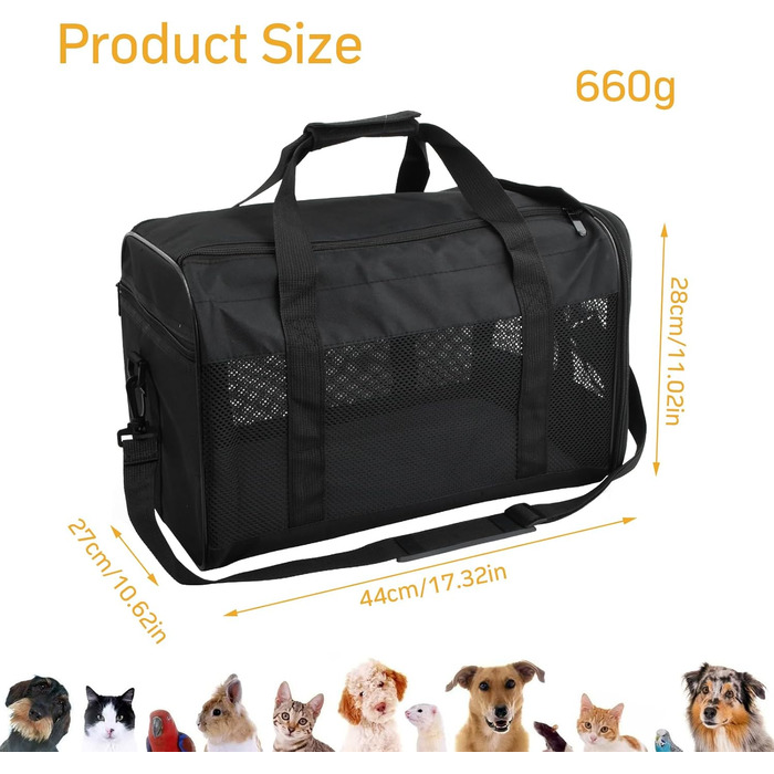 Транспортна сумка для кота/собаки Amexo, складана переноска для тварин, переноска для котів та собак середніх розмірів до 10 кг, 44 x 27 x 28 см (чорна)