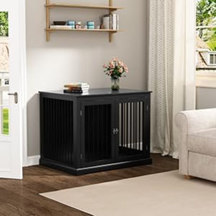 Клітка для собак HOLTICO, чорна, велика (L) з м'яким лежанком, для дому, з відкидним верхом, стильна, міцна