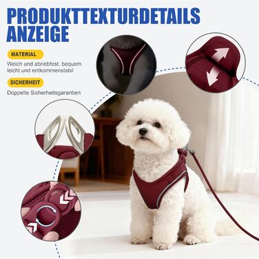 Нашийник та поводок для собак маленьких порід, регульовані, з поглинанням ривка, світловідбиваючий, м'який, дихаючий, для прогулянок, бігу, тренувань (Бордовий S), Винотний S (Окружність шиї: 28-37 см, Окружність грудей: 39-47 см)