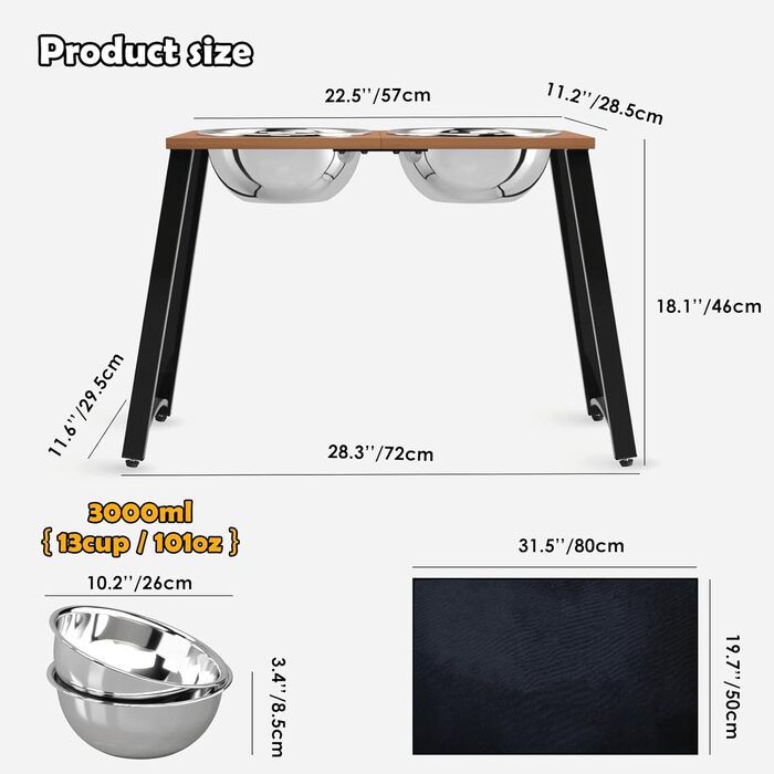 Підвищені годівниці для собак великих та надвеликих порід, з нековзною основою, об'єм 2.863 мл (46 см), коричневий колір.