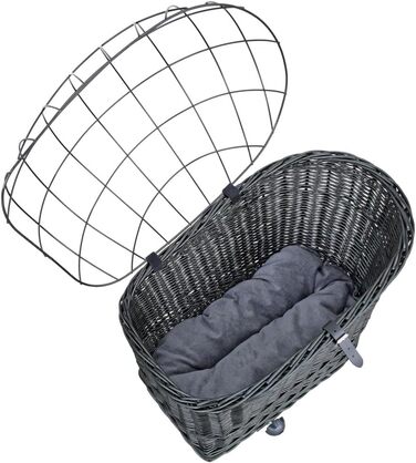 Корзина для собак на велосипед – ручної плетіння з лози, з ґратчастою кришкою, кріпленням для багажника та знімним подушечкою. Розмір: 60 x 39 x 50 см, колір чорний (венге), XL