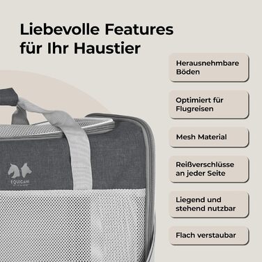 Сумка-переноска для собак та котів Equicani® 55x40x23 см, сіра | Легка, складна, з сіткою та зручним ременем