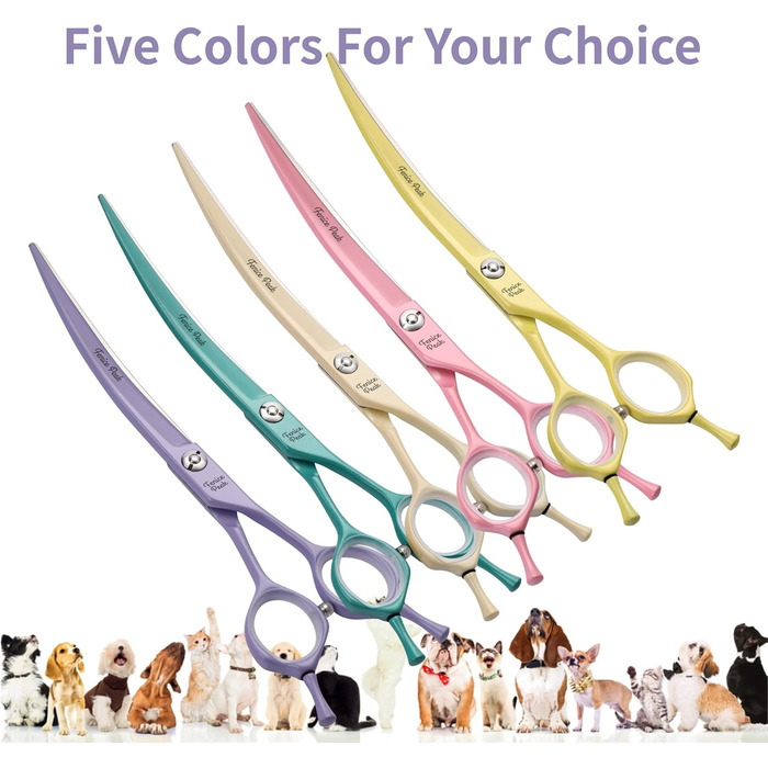 Феніче Пік: Вигнуті ножиці для грумінгу собак з фіолетовим покриттям, 440C сталь, професійні ножиці, гострі та довговічні, зручний ергономічний дизайн