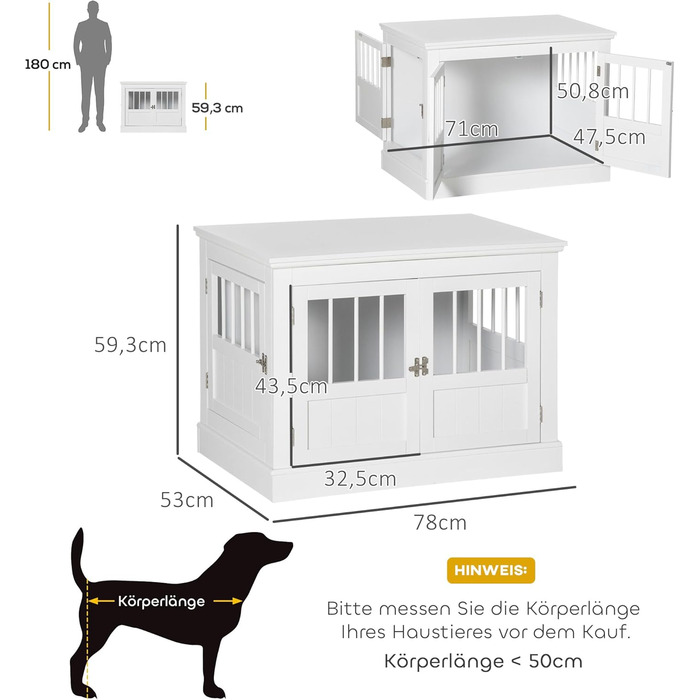 Клітка для собак PawHut, собача будка з 3 дверцятами, переноска для собак, будиночок для маленьких собак до 10 кг, білий колір, 78 x 53 x 59,3 см