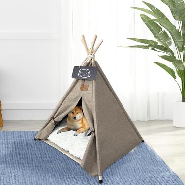 Палатка для тварин Tipi, будиночок для собак та котів з плюшевою подушкою, 60x60x70 см, коричневий