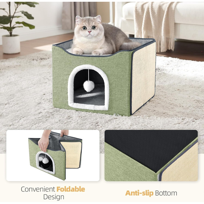 Ліжко-куб для котів Purr&Khead з подушкою, знімним кігтеточкою та іграшкою, велика складна котяча хатка 42x42x33 см, зелена, для домашніх котів