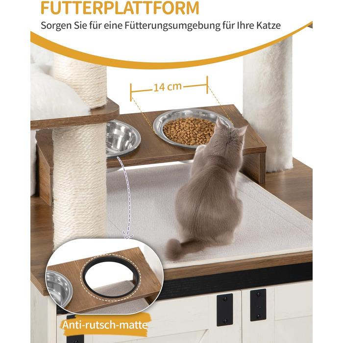 Драбина-кіготь для котів з туалетом, годівницею, 173 см, велика платформа, мотузка сизаль, гамак, знімний килимок, іграшки-кульки, білий та коричневий колір CB89014WT